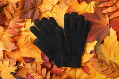 Photo of Stylish black woolen gloves on dry leaves, top view