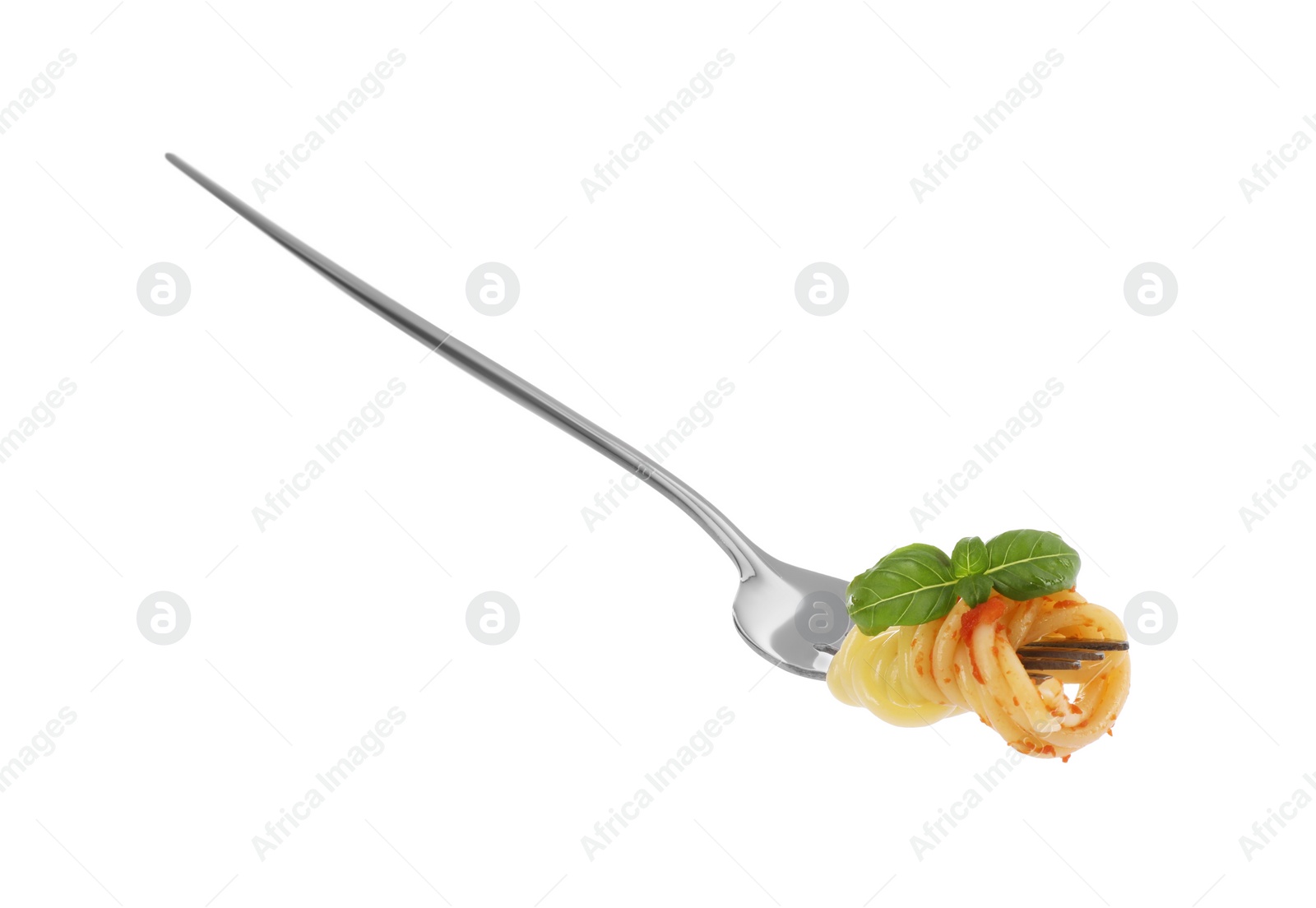 Photo of Fork with tasty pasta, basil and tomato sauce isolated on white