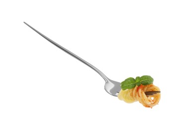 Photo of Fork with tasty pasta, basil and tomato sauce isolated on white