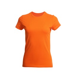 Photo of Stylish orange women's t-shirt isolated on white. Mockup for design