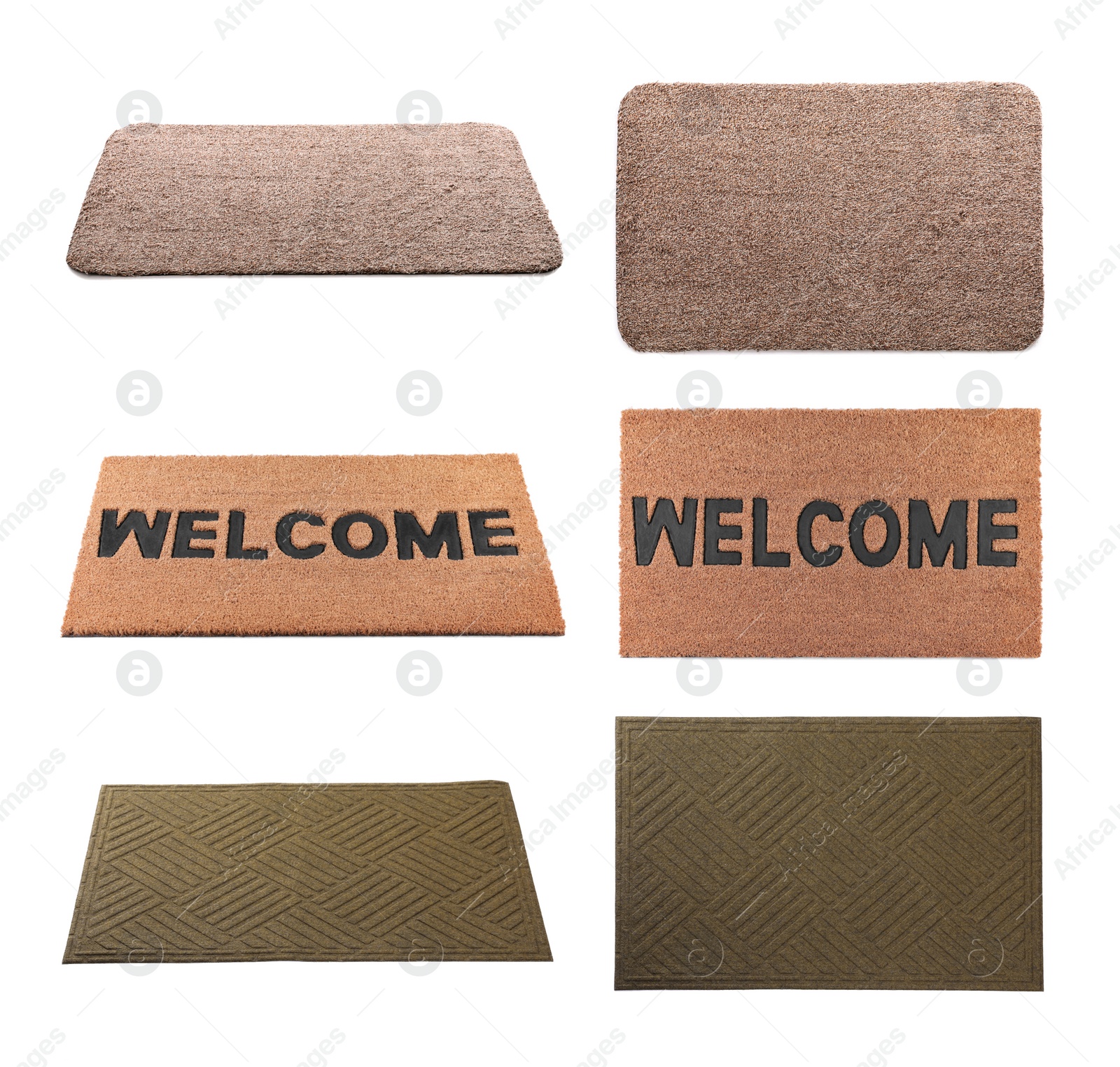 Image of Set with different door mats on white background