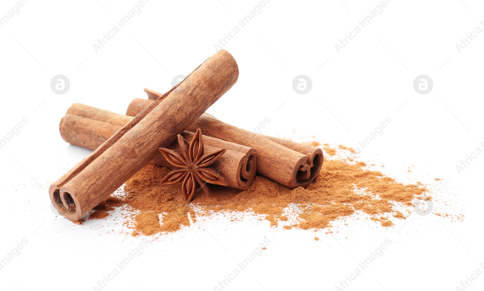 Photo of Aromatic cinnamon sticks and powder on white background