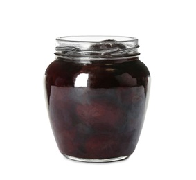 Jar of pickled plums isolated on white