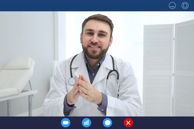 Image of Pediatrician consulting patient online using video chat in clinic, view from webcam