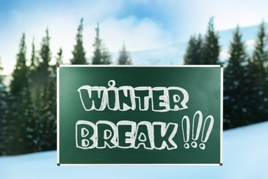 Text Winter Break on school chalkboard against blurred snowy forest