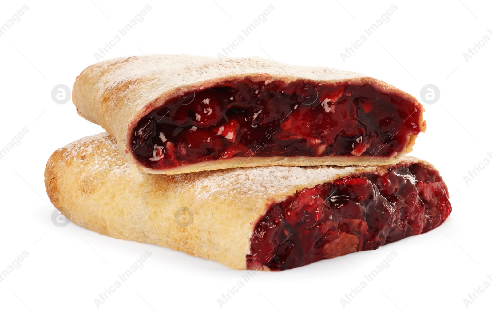 Photo of Delicious cut strudel with cherries isolated on white