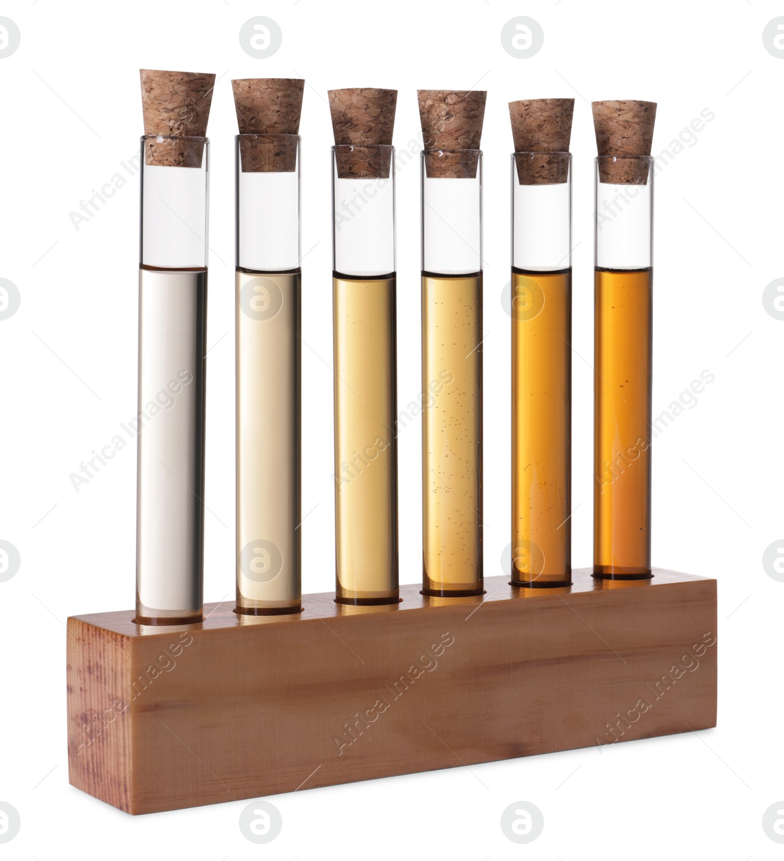 Photo of Test tubes with brown liquid in stand on white background