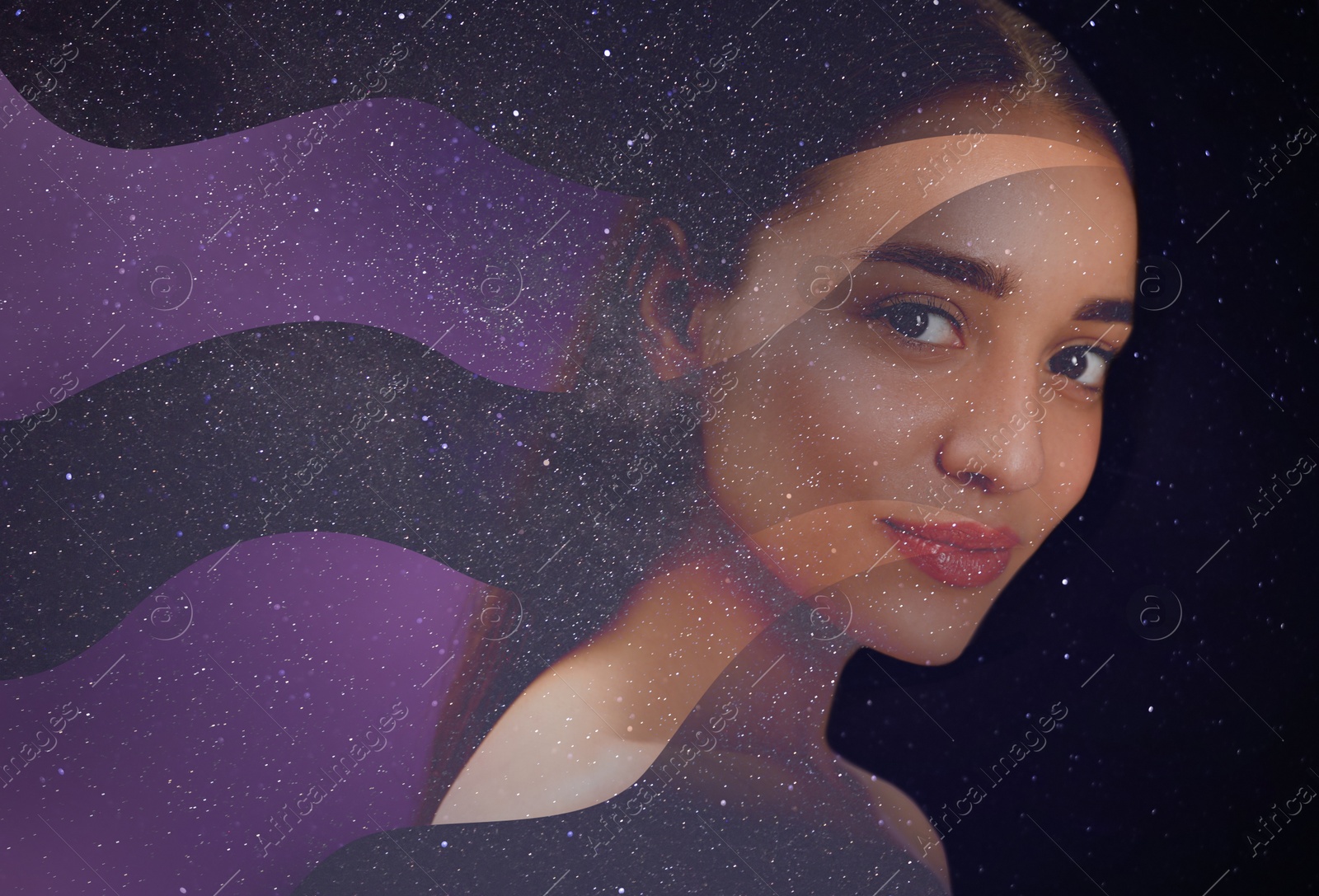 Image of Double exposure of beautiful woman and starry sky. Astrology concept