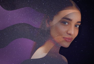 Image of Double exposure of beautiful woman and starry sky. Astrology concept