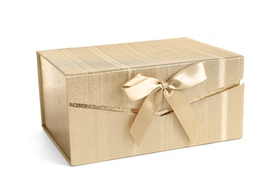 Photo of Beautiful gift box with bow on white background