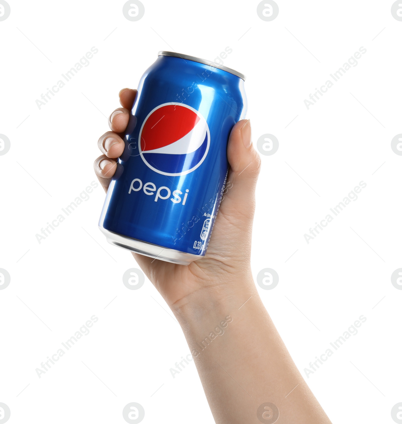 Photo of MYKOLAIV, UKRAINE - FEBRUARY 10, 2021: Woman holding can of Pepsi on white background, closeup