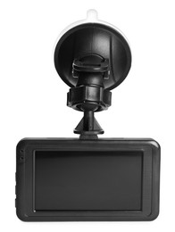 Photo of Modern car dashboard camera with suction mount isolated on white