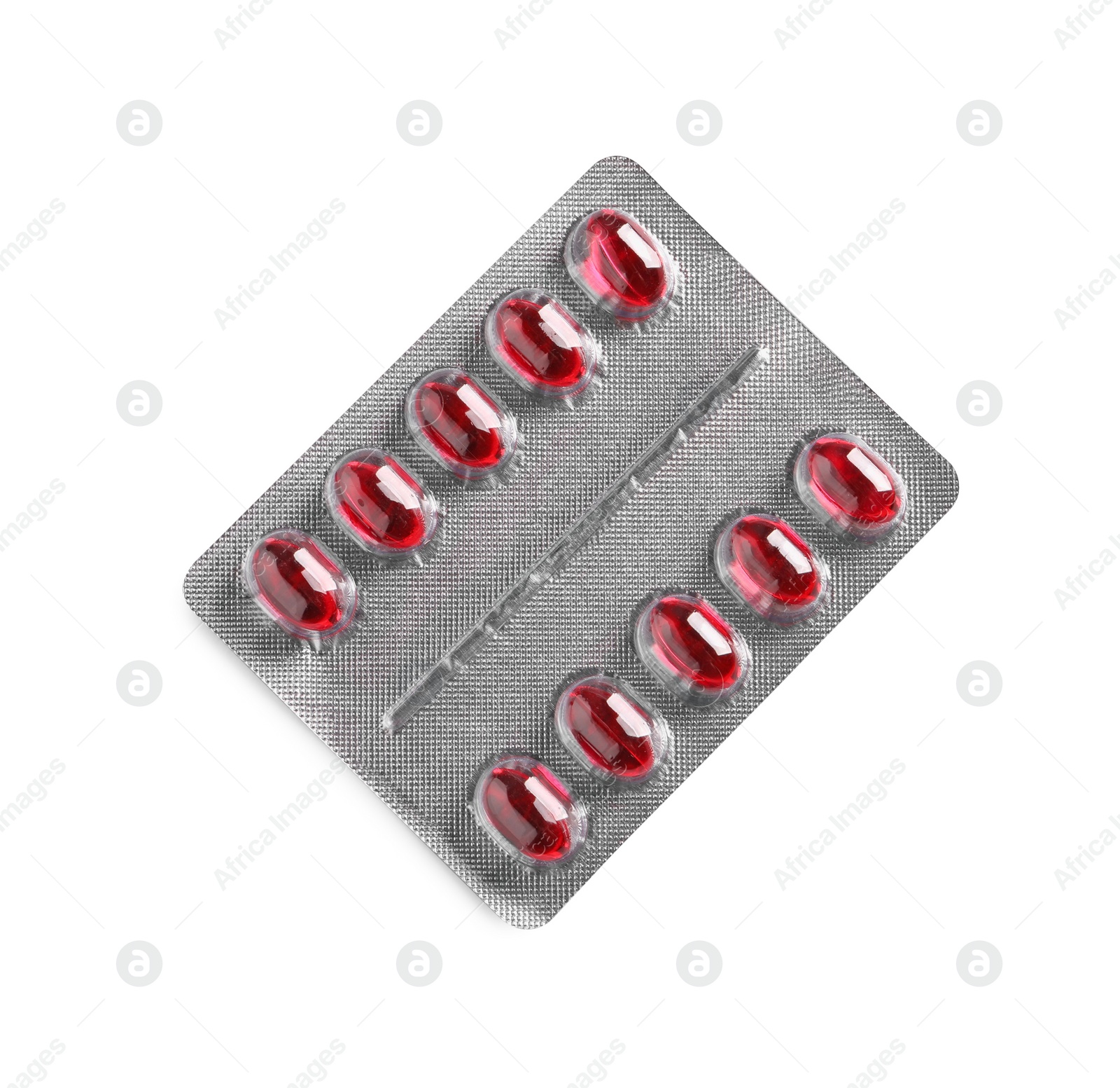 Photo of Blister of pills on white background, top view