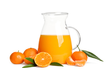 Photo of Fresh tangerines and jug of juice isolated on white