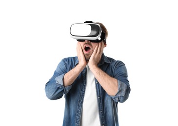 Photo of Emotional man using virtual reality headset on white background