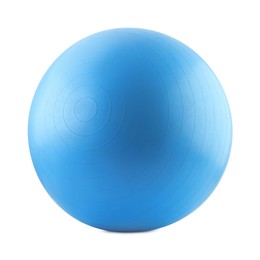 Photo of One light blue fitness ball isolated on white. Sport equipment