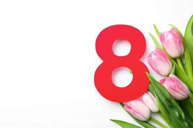 Photo of 8 March greeting card design with tulips on white background, top view. Space for text