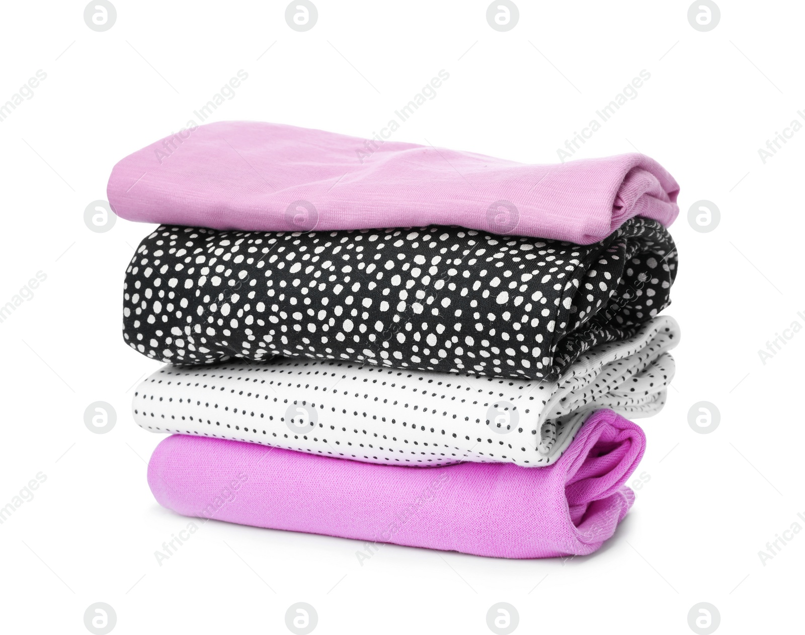 Photo of Stack of colorful children's clothes on white background