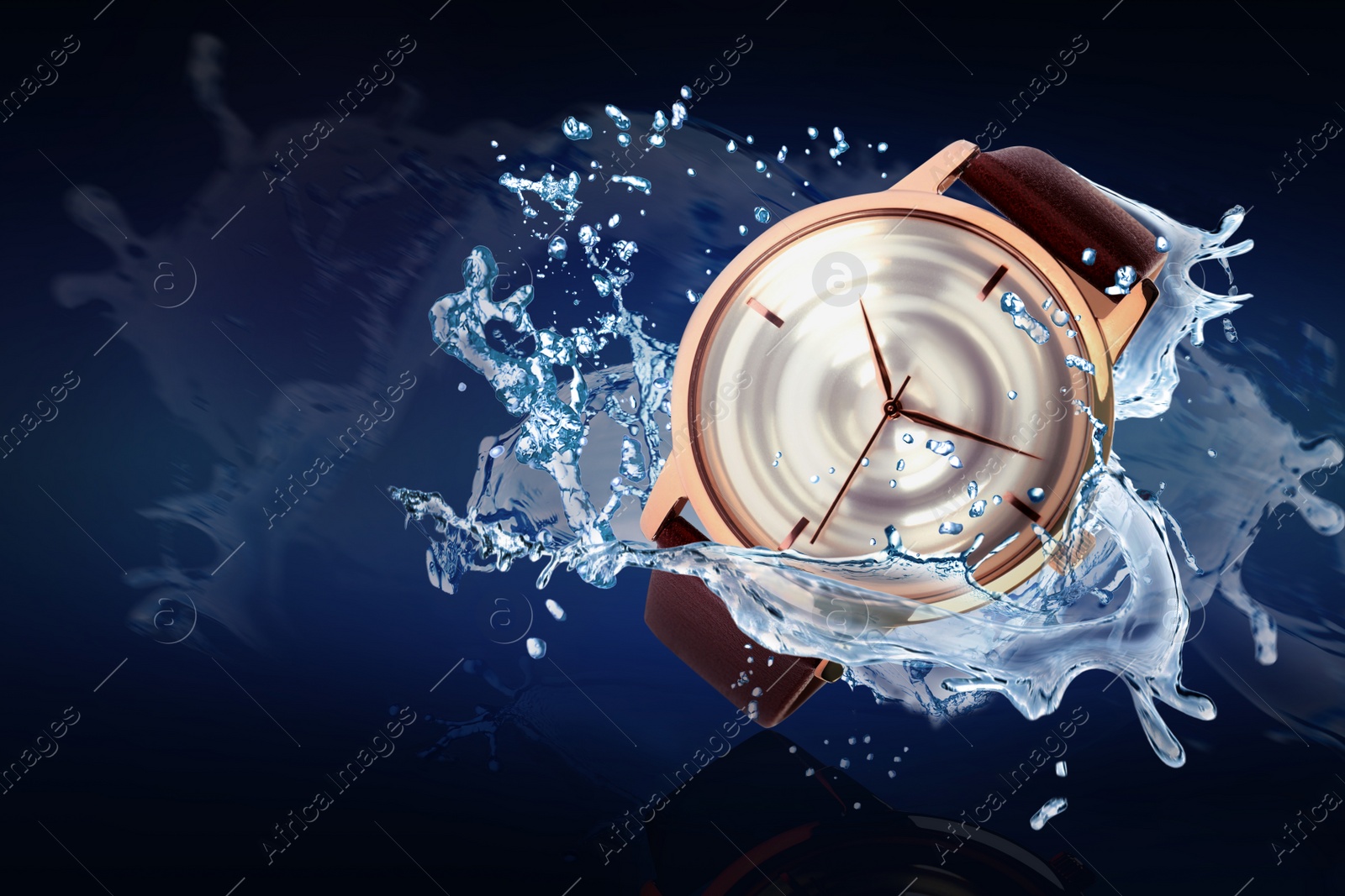 Image of Luxury men's watch in water splashes demonstrating its waterproof