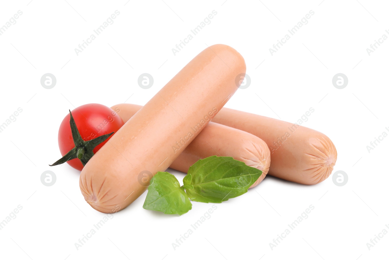 Photo of Delicious boiled sausages, tomato and basil on white background