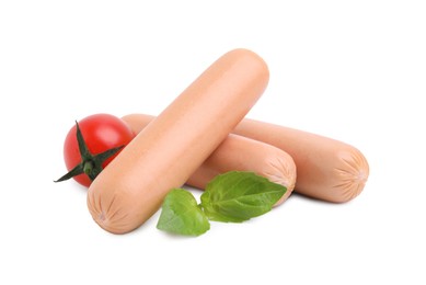 Photo of Delicious boiled sausages, tomato and basil on white background