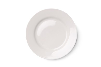 One plate on white background, top view. Ceramic dinnerware