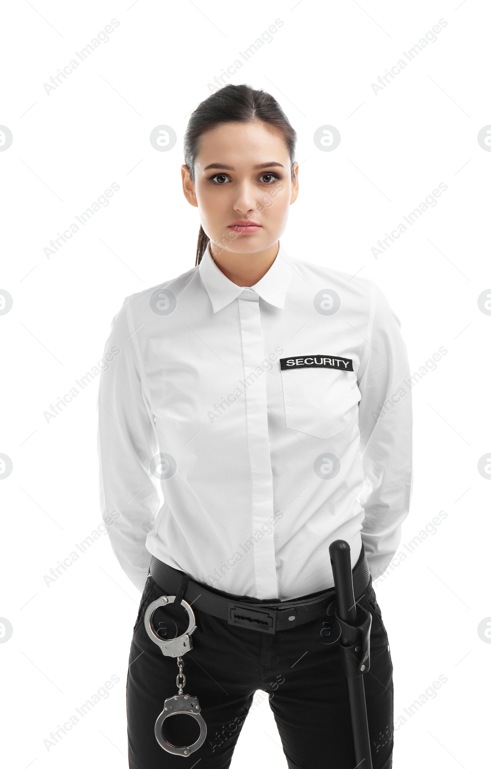 Photo of Female security guard in uniform on white background