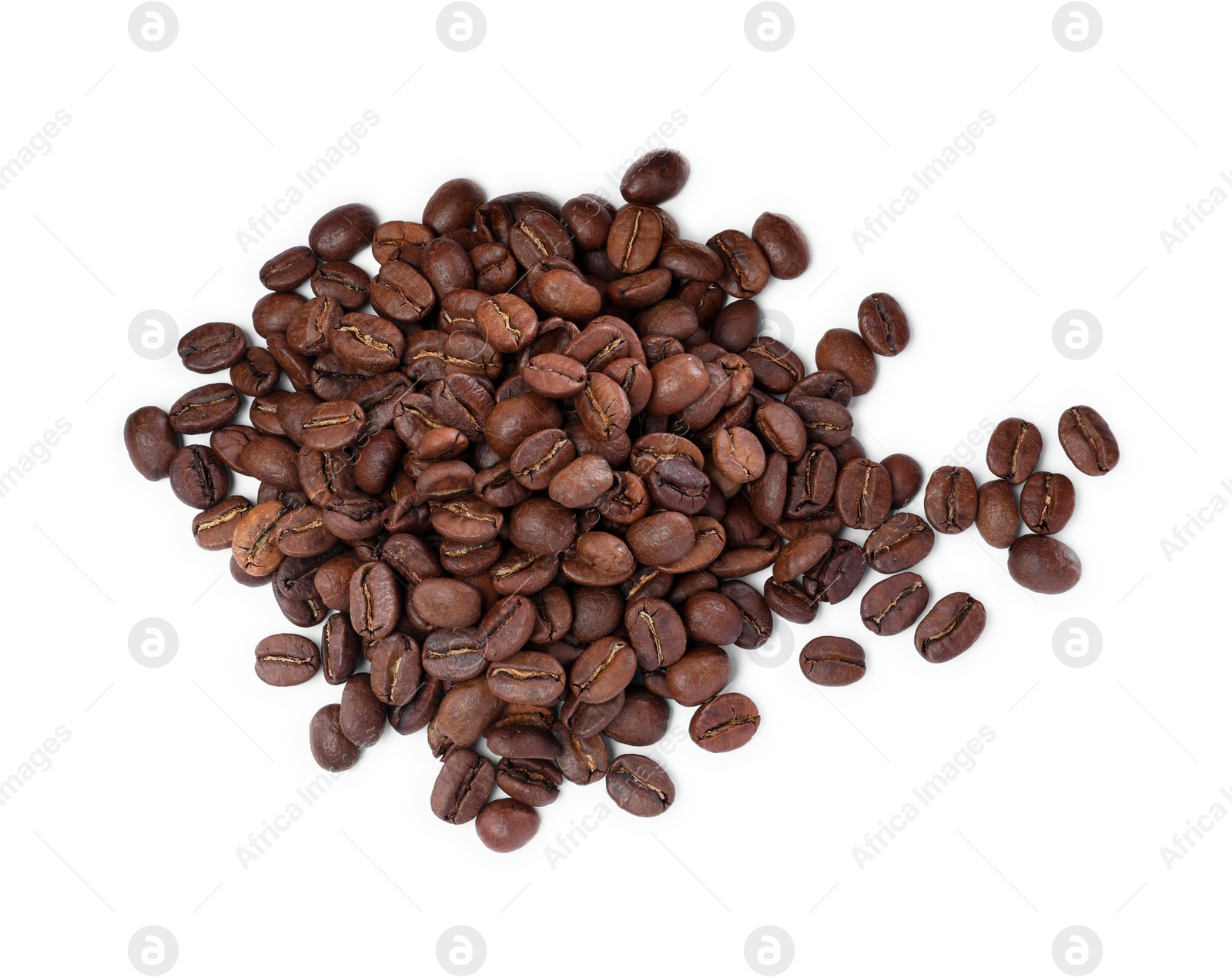 Photo of Pile of roasted coffee beans on white background, top view