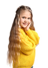 Cute little girl with braided hair on white background