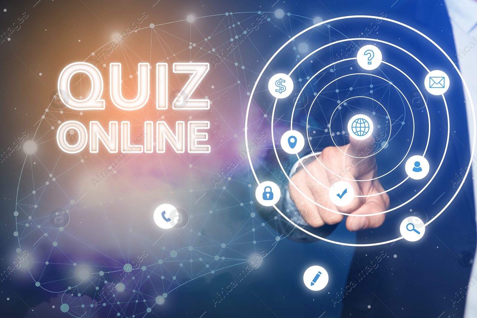 Image of Quiz online. Man pointing at icons on virtual screen against color background, closeup 