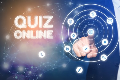 Image of Quiz online. Man pointing at icons on virtual screen against color background, closeup 