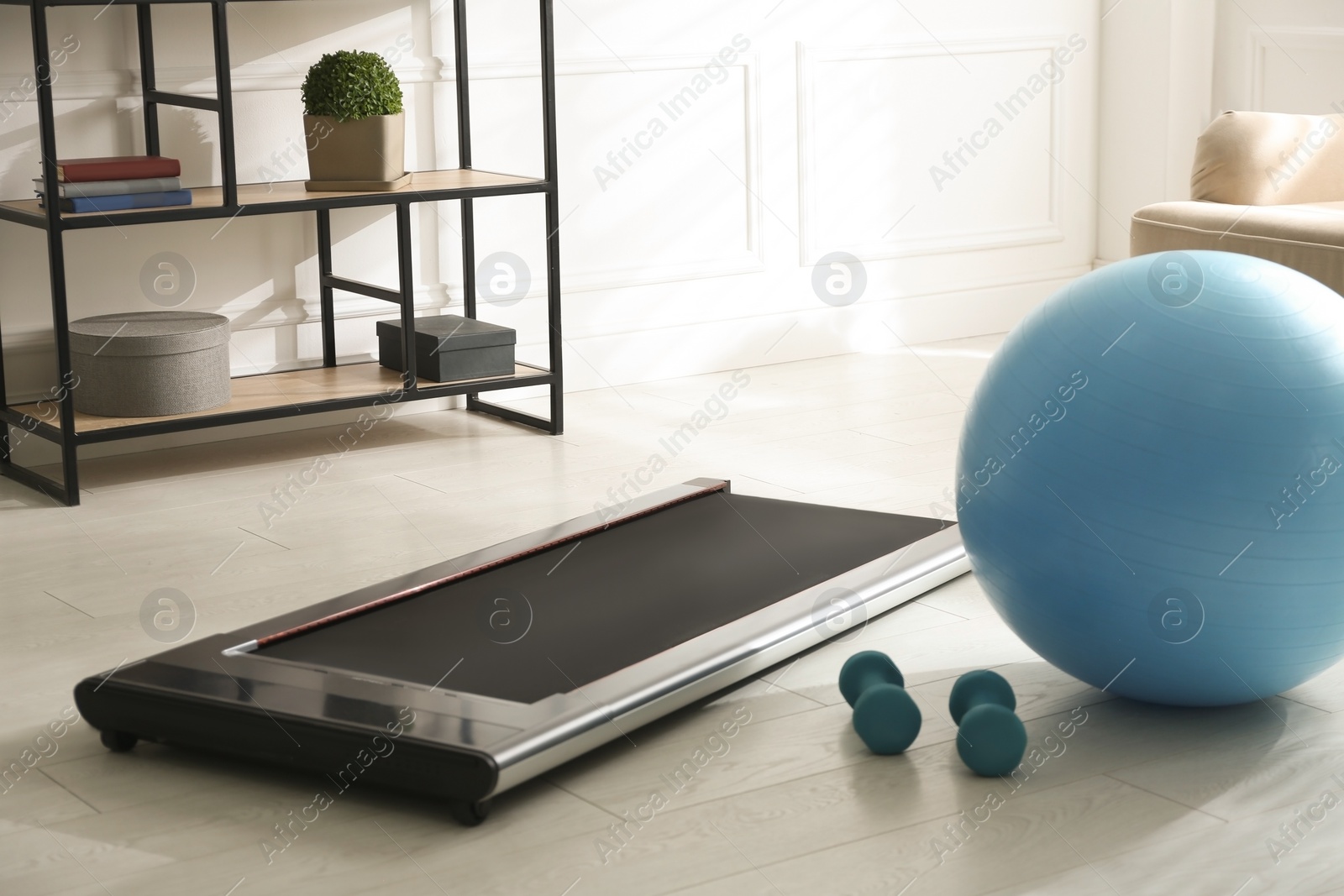 Photo of Modern walking treadmill, dumbbells and fitness ball in living room. Home gym equipment