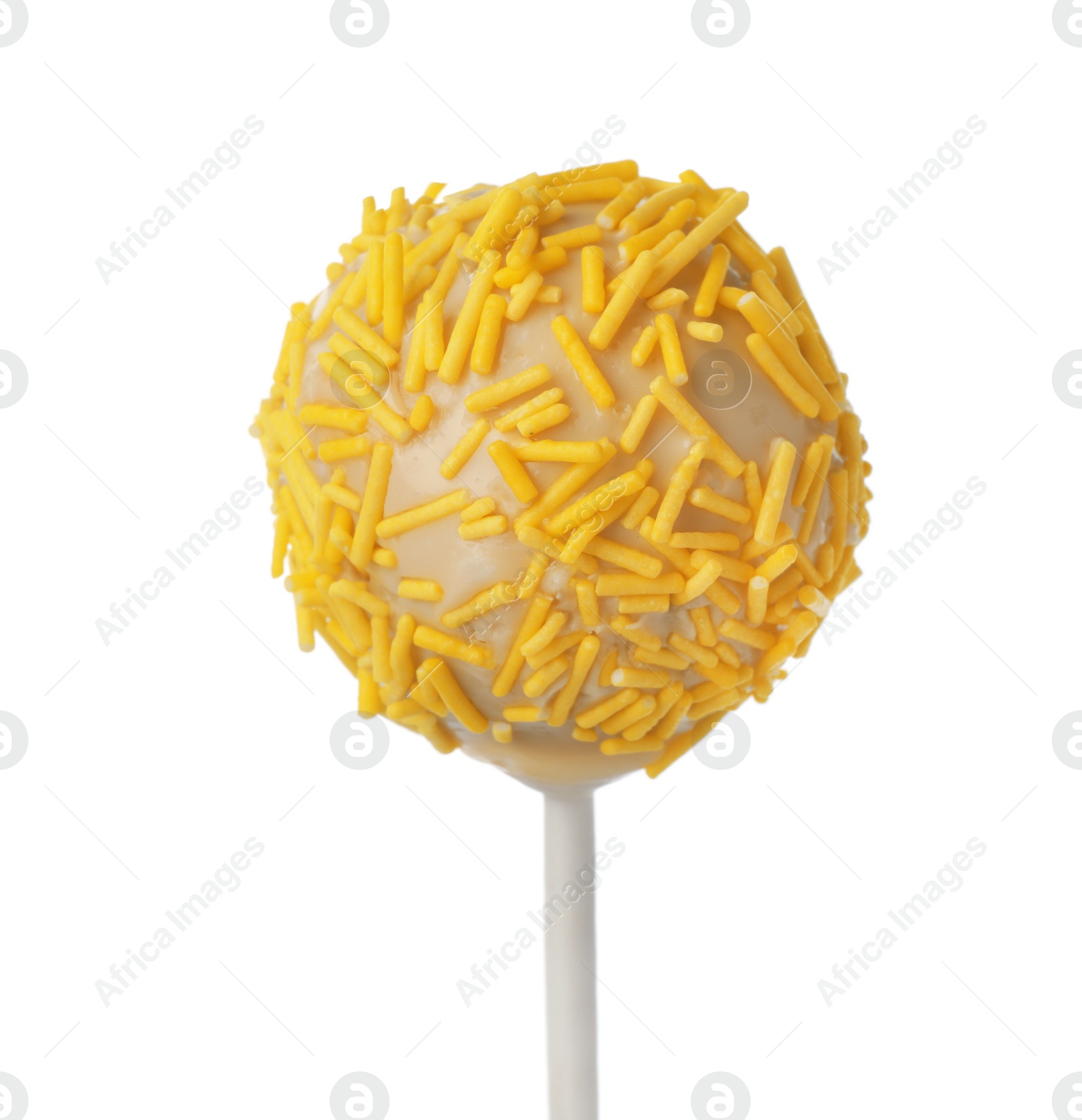 Photo of Tasty cake pop with yellow sprinkles isolated on white