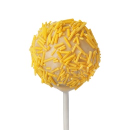 Photo of Tasty cake pop with yellow sprinkles isolated on white