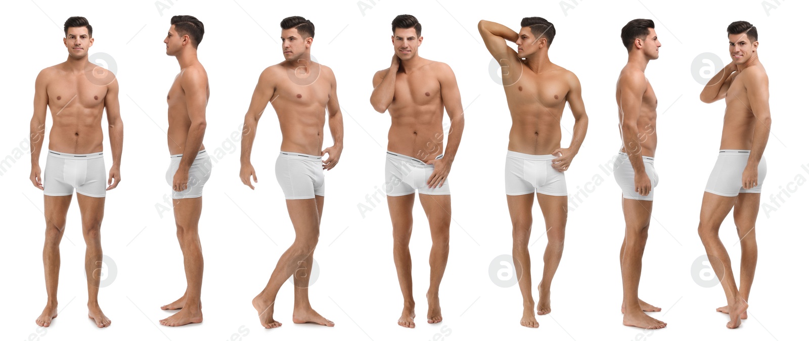 Image of Collage of man in underwear on white background