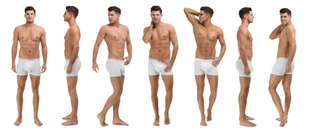 Collage of man in underwear on white background