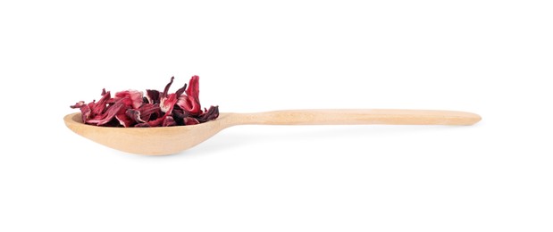 Wooden spoon of dry hibiscus tea isolated on white