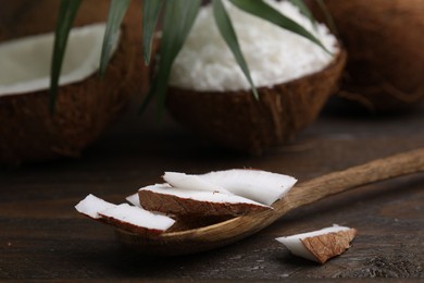 Photo of Coconut pieces, spoon and nut on wooden table, closeup