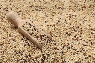Photo of Scoop of raw quinoa seeds and spoon, closeup. Space for text