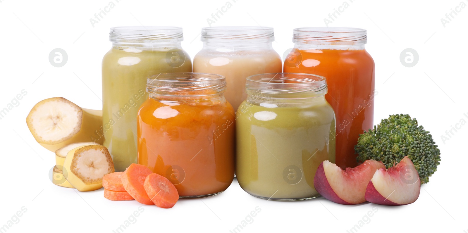 Photo of Jars of healthy baby food and ingredients isolated on white