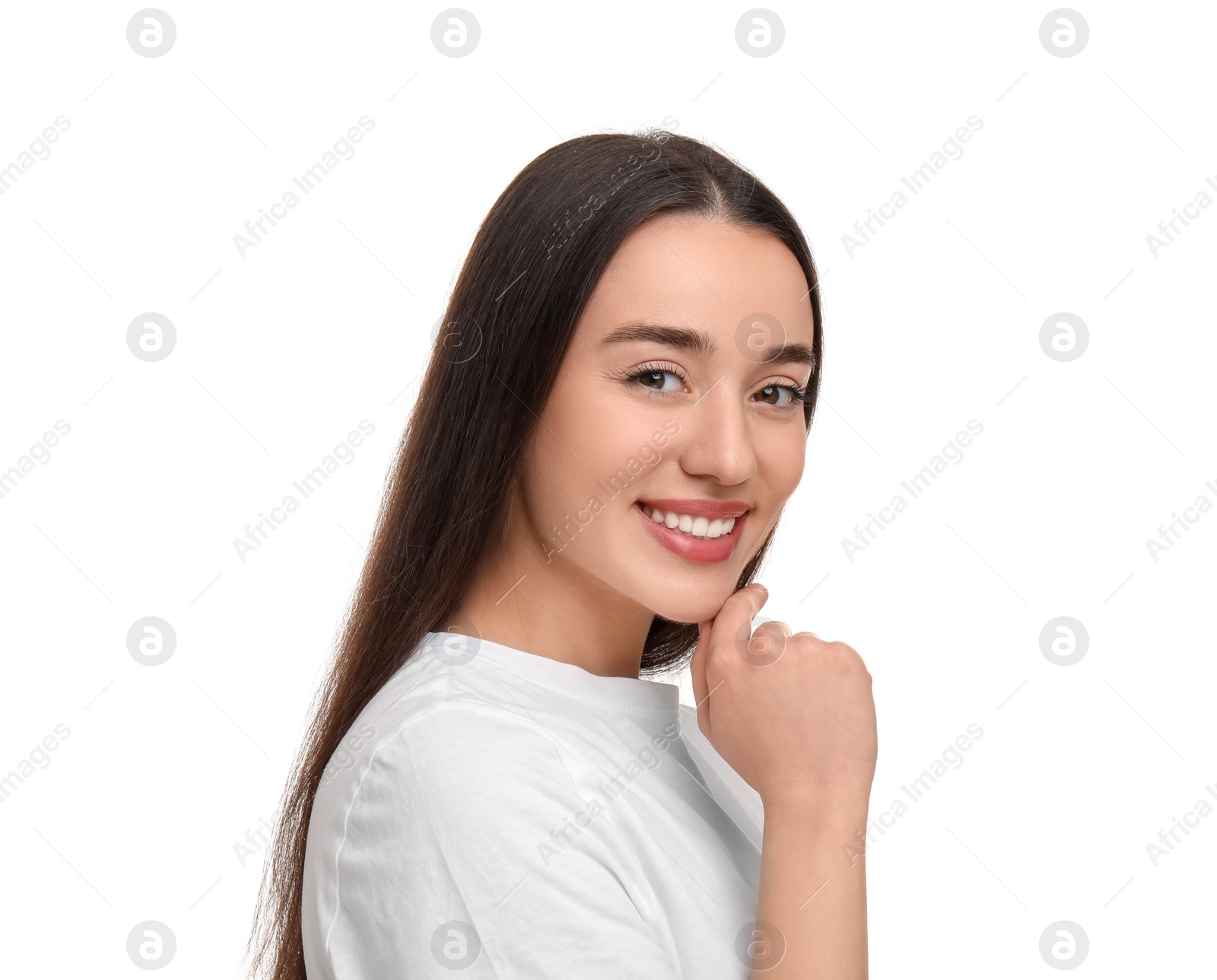 Photo of Young woman with clean teeth smiling on white background