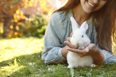 Happy woman with cute rabbit on green grass outdoors, closeup. Space for text