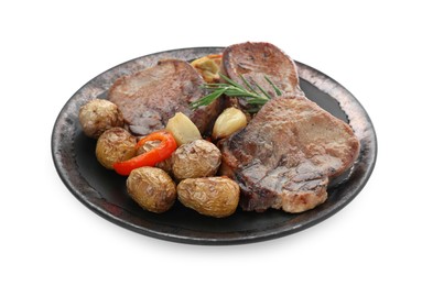Photo of Tasty beef tongue pieces, rosemary, lemon and potatoes isolated on white