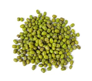 Photo of Pile of green mung beans isolated on white, top view. Organic grains