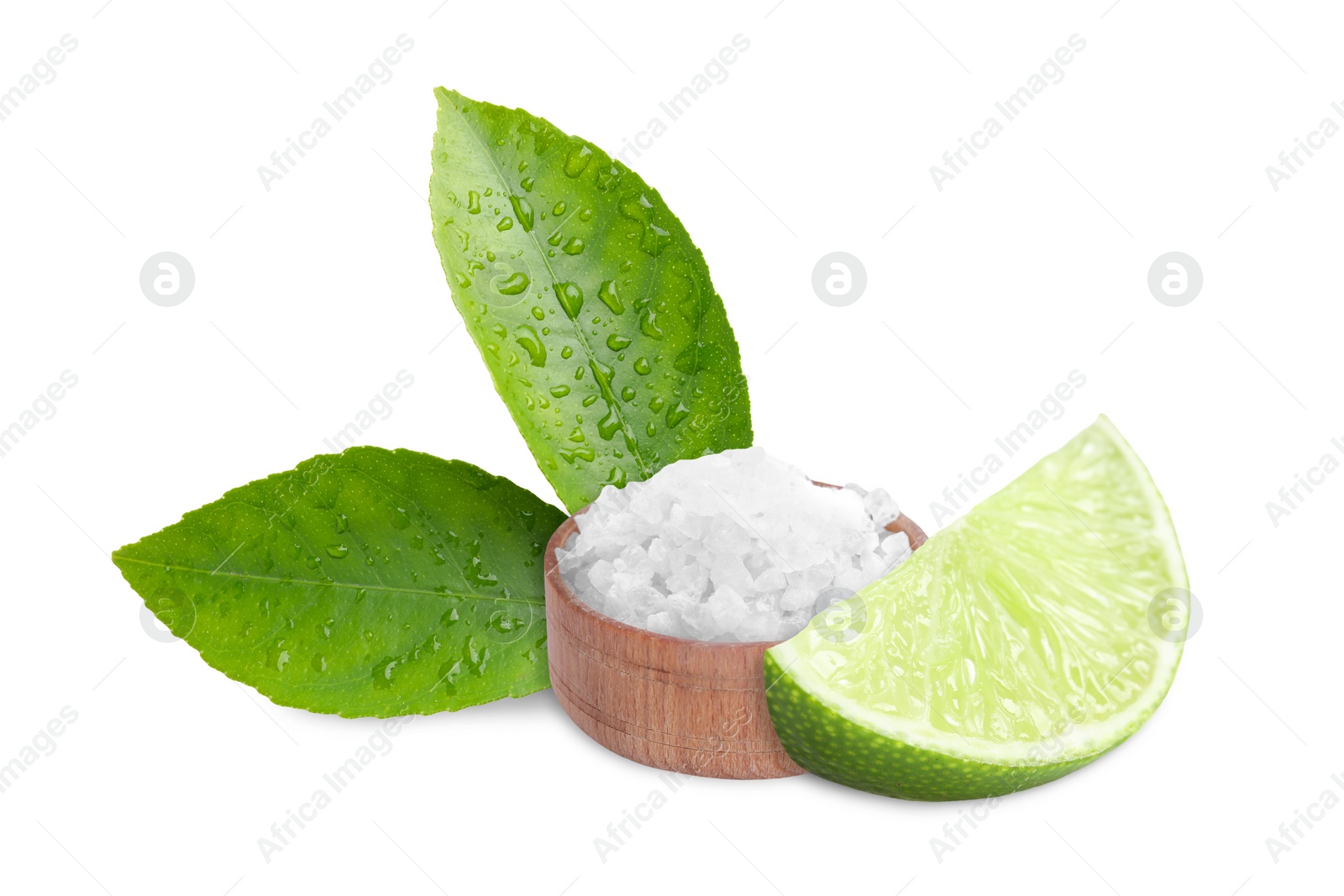 Image of Cut lime and salt isolated on white. Margarita cocktail ingredients