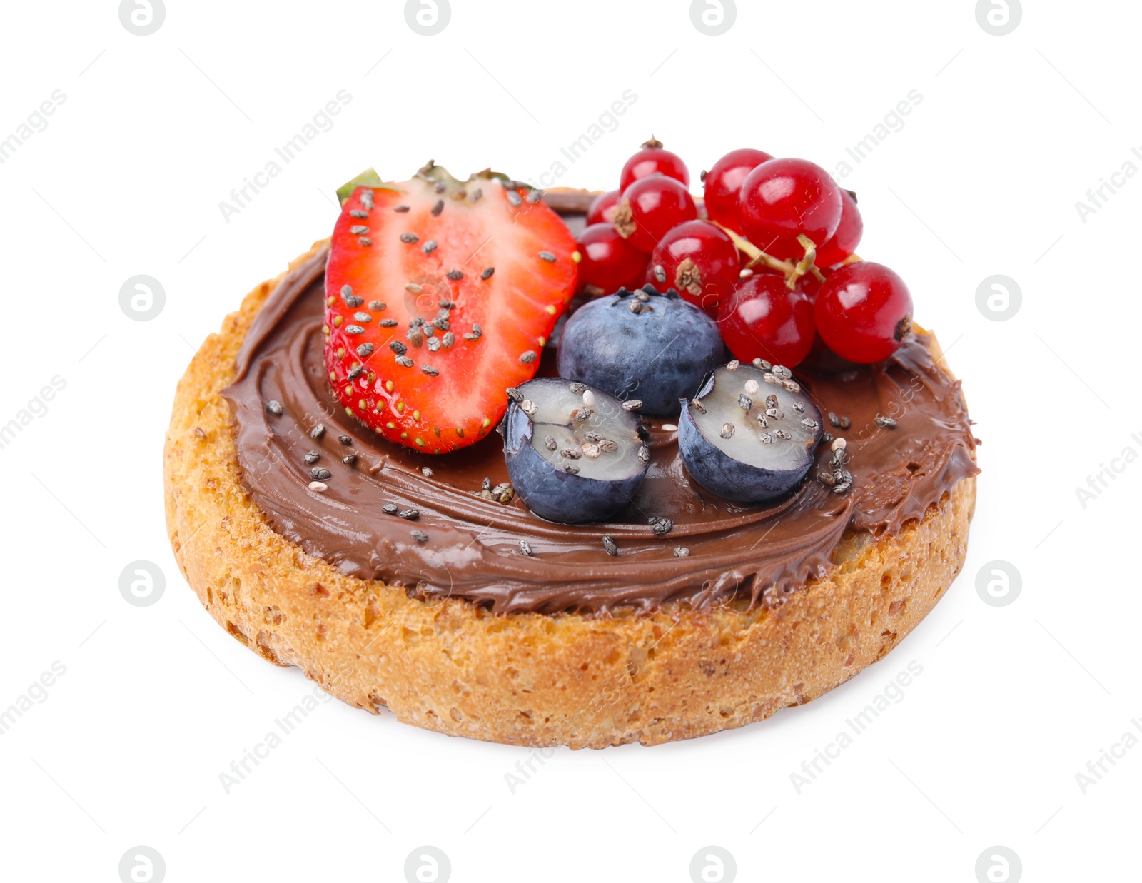 Photo of Tasty organic rusk with chocolate spread and sweet berries isolated on white