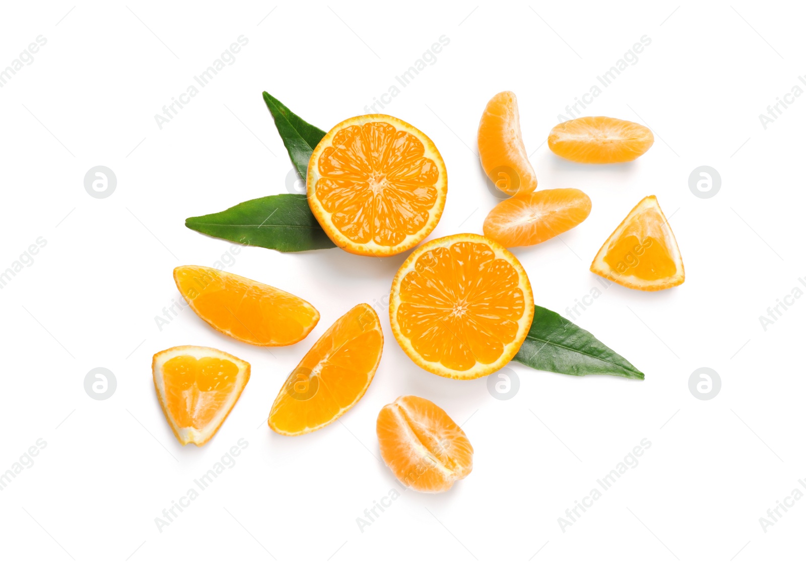 Photo of Composition with fresh ripe tangerines and leaves on white background, flat lay. Citrus fruit