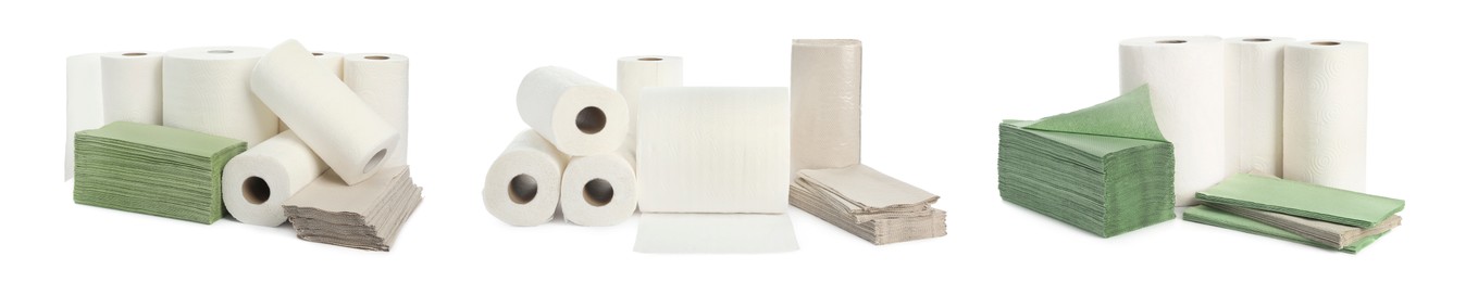 Image of Set of paper towels on white background. Banner design