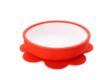 Plastic plate isolated on white. Serving baby food