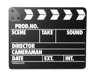 Photo of Clapper board isolated on white. Cinema production